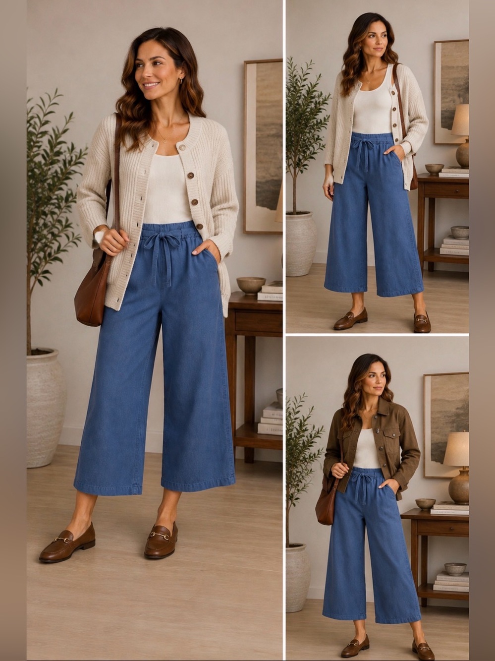 Joie 100% Lyocell Wide Leg Crop Pants Blue Drawstring Waist XL